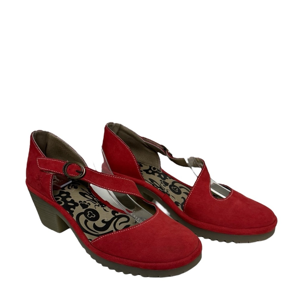 Fly London Wako‎ Leather Asymmetrical Strap Heeled Sandals Lipstick Red 37